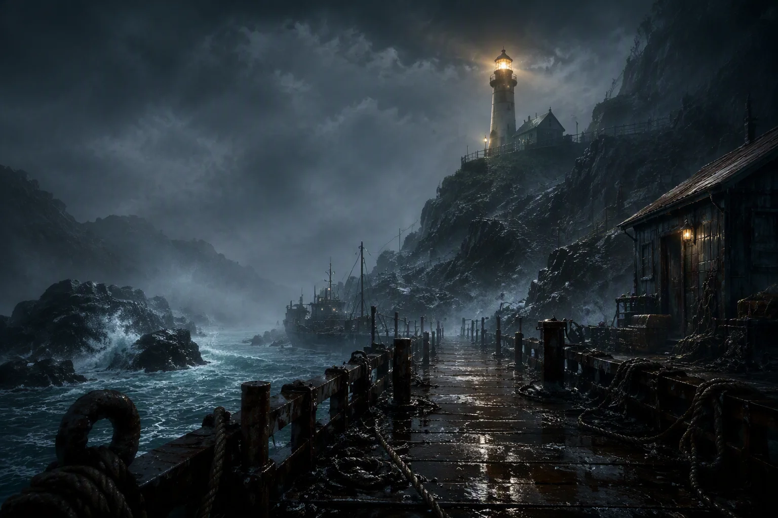 A background from a Loomtale story: a jetty and a moored boat under a cliff with a lighthouse